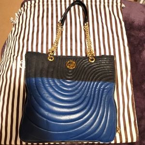 Henri Bendel Lambskin Quilted Zipper Expandable Shoulder Bag - Navy